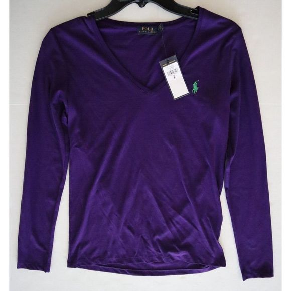 Polo Ralph Lauren 211632862016 Women's Sz Small Purple Ribbed V-Neck L/S T-Shirt - Picture 5 of 6